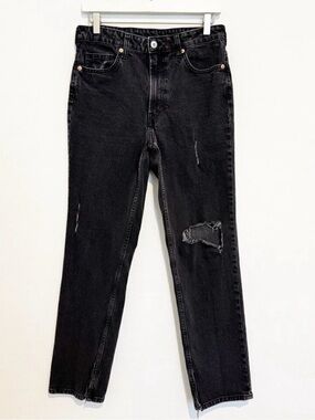 HM Jeans Size 8 Black Faded Distressed High Rise Straight Split Hem Mall Goth